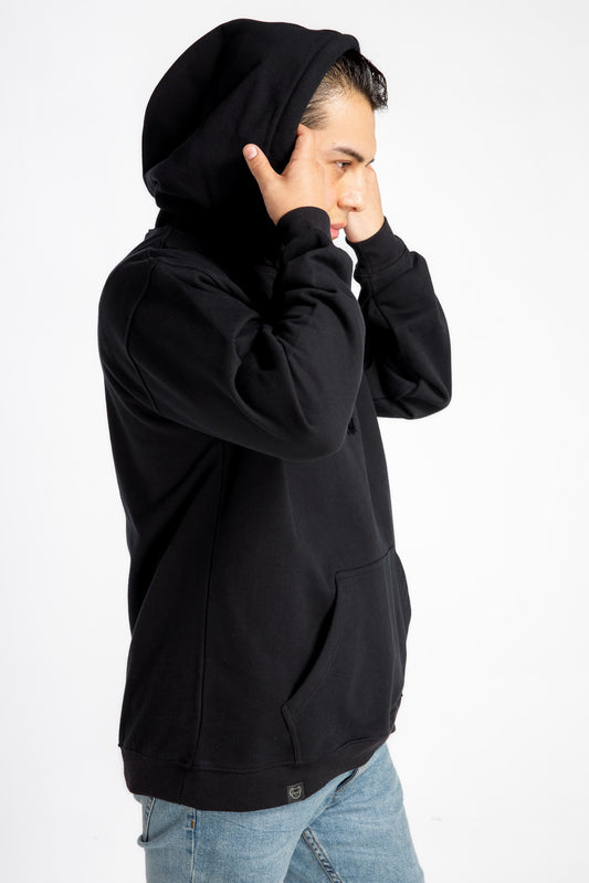 Men’s Hoodie – Black – Side View, Relaxed Fit and Casual Style