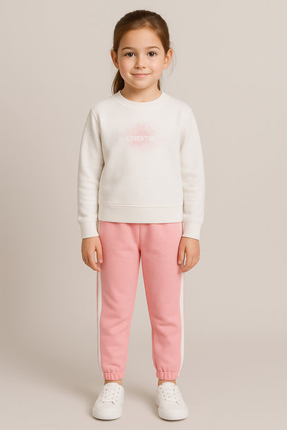Kids Tracksuit Set – White & Pink – Sweatshirt & Jogger Front View