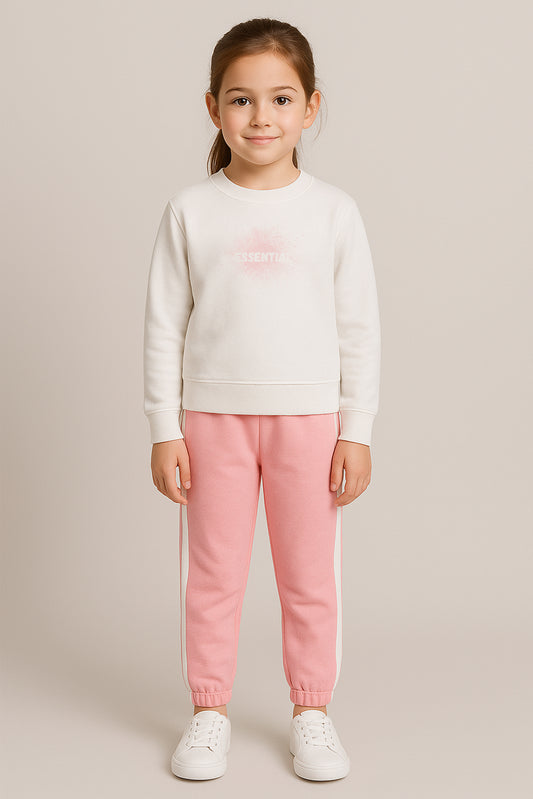 Kids Tracksuit Set – White & Pink – Sweatshirt & Jogger Front View