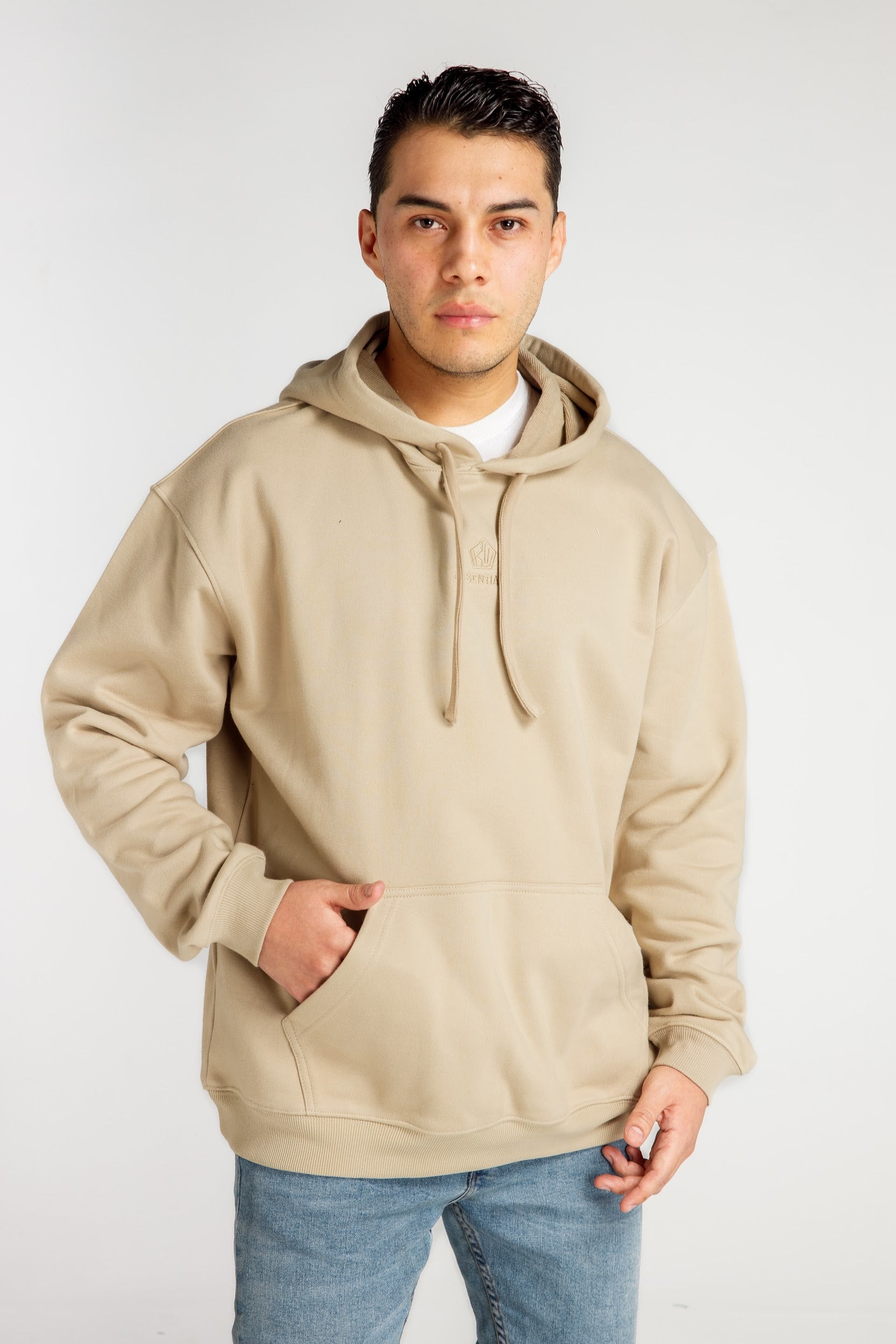 Men’s Hoodie – Beige – Front View, Oversized Streetwear Style