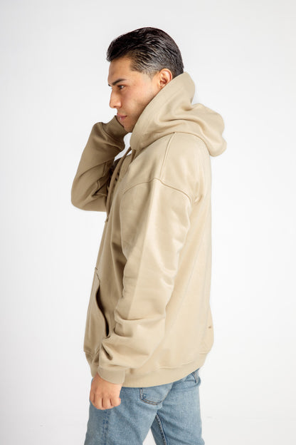 Men’s Hoodie – Beige – Side View, Relaxed Fit and Casual Style