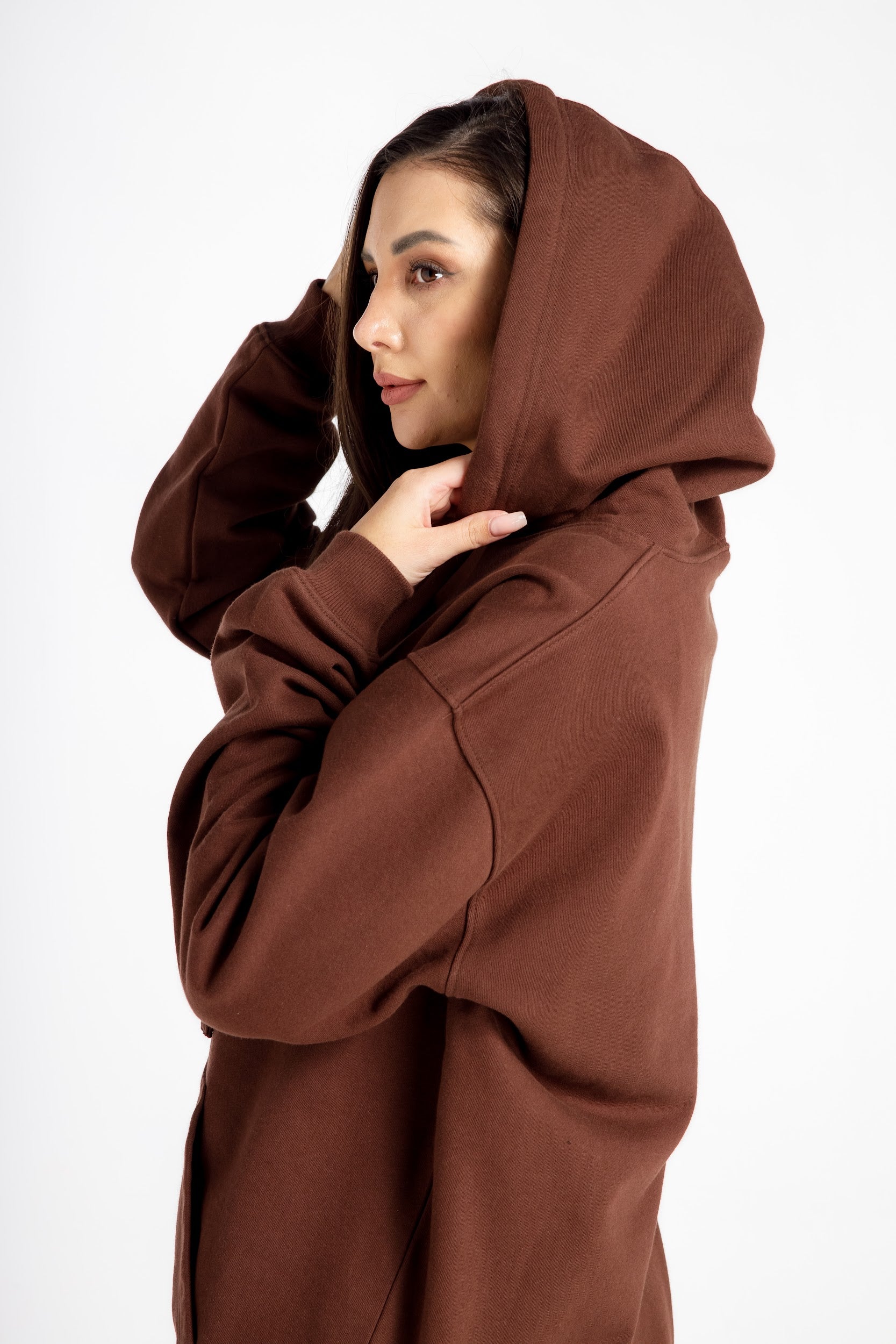 Women’s Hoodie – Chocolate Brown – Side View, Relaxed Fit and Casual Style
