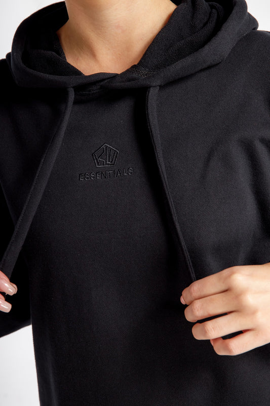 Women’s Hoodie – Stylish Black – Close-up Detail of Fabric and Stitching